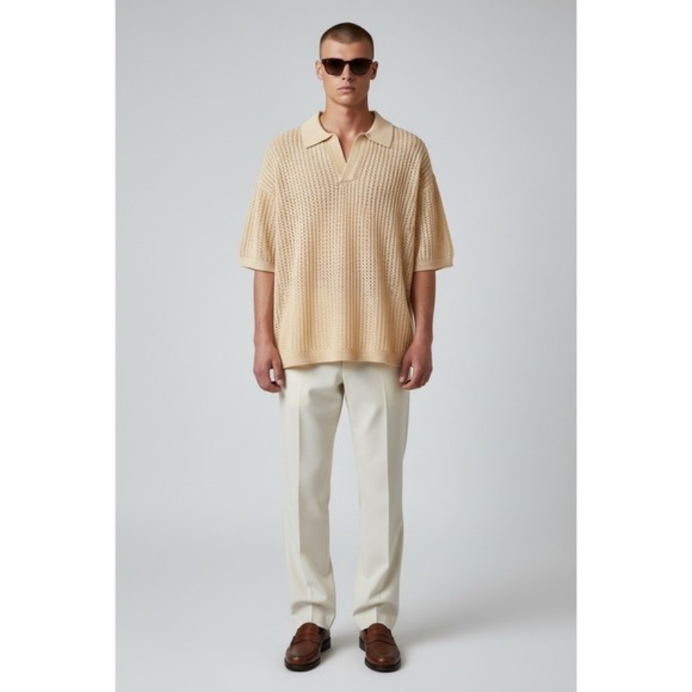 NEW Vogstart Men XL Beige Open Knit Crochet Polo Sweater Short Sleeve V-Neck Top